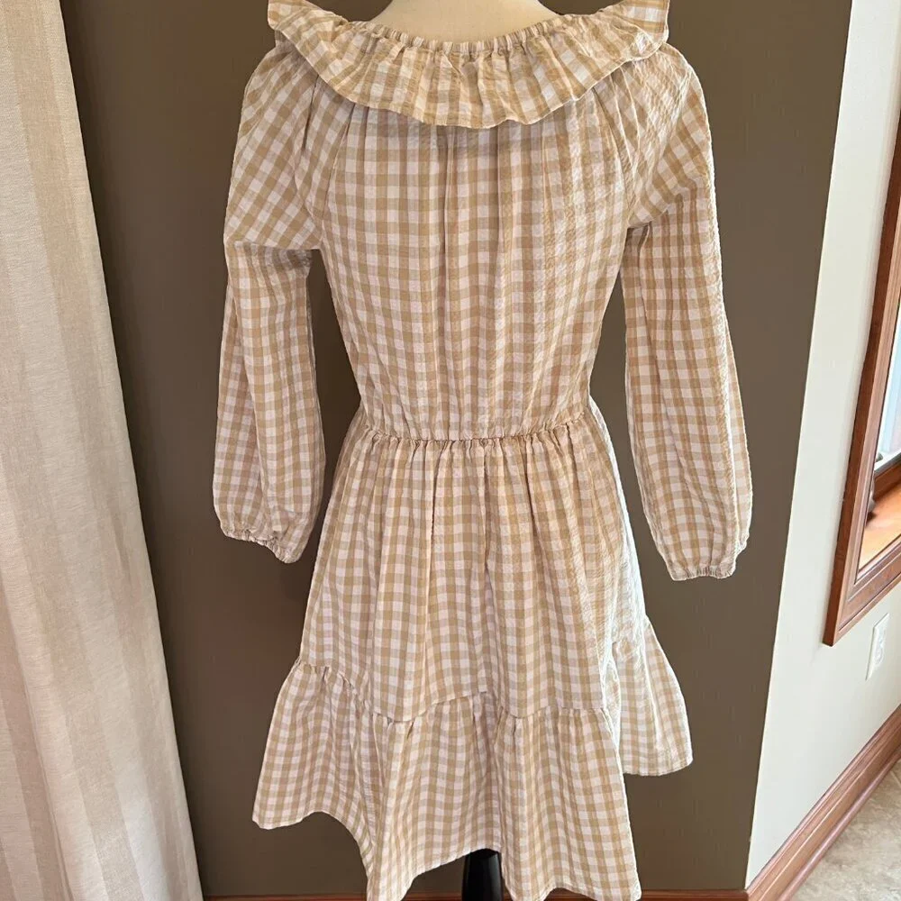 NWT J. Crew Seersucker Ruffleneck tiered mini dress, Sumner, Tan & White, Size 2
